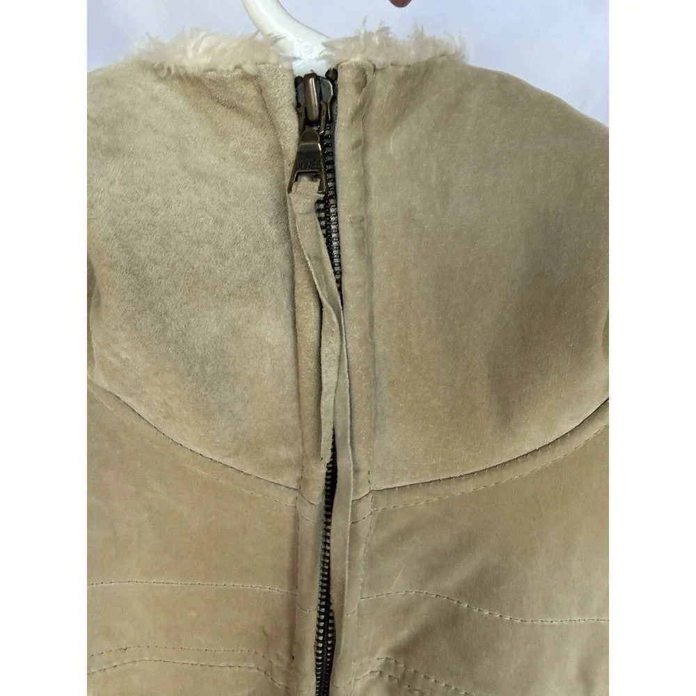 Jones NY Womens Penny Lane Suede Faux Fur Lined Coat Size L Hood Zip Tan *flaws